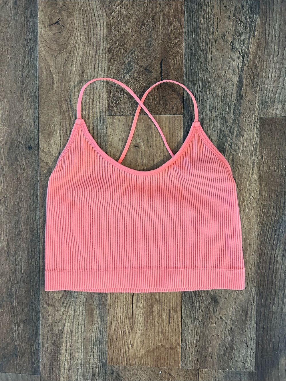 Close Ribbed Cross-Back Bralette in Coral